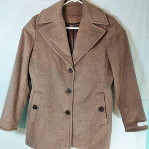 Calvin‎ Klein Women's Brown Wool Blend Pea Coat Button Front Size Large Vented